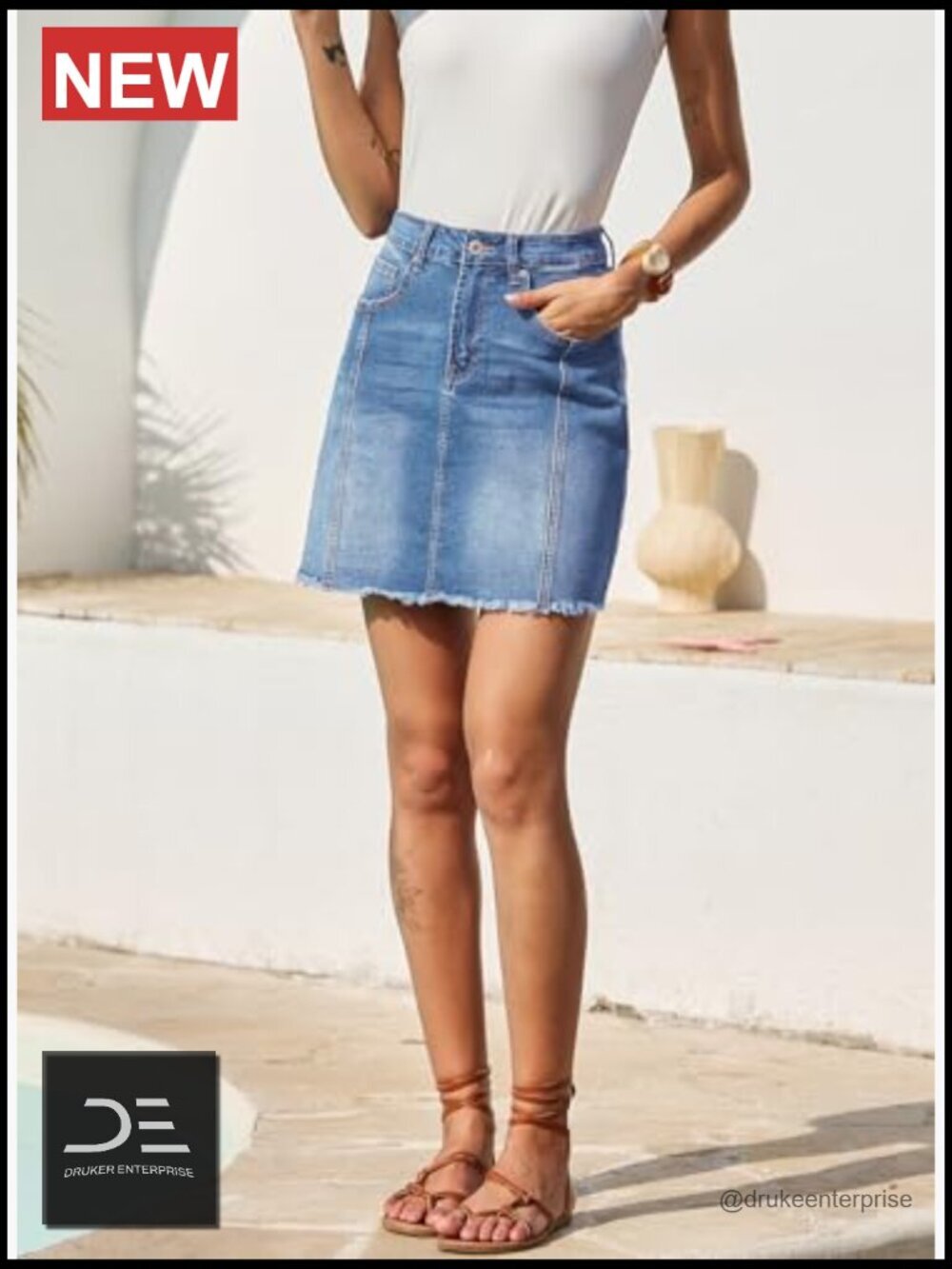 Stretch High Waist Raw Hem Zip Fly Denim Skirt - Picture 4 of 7